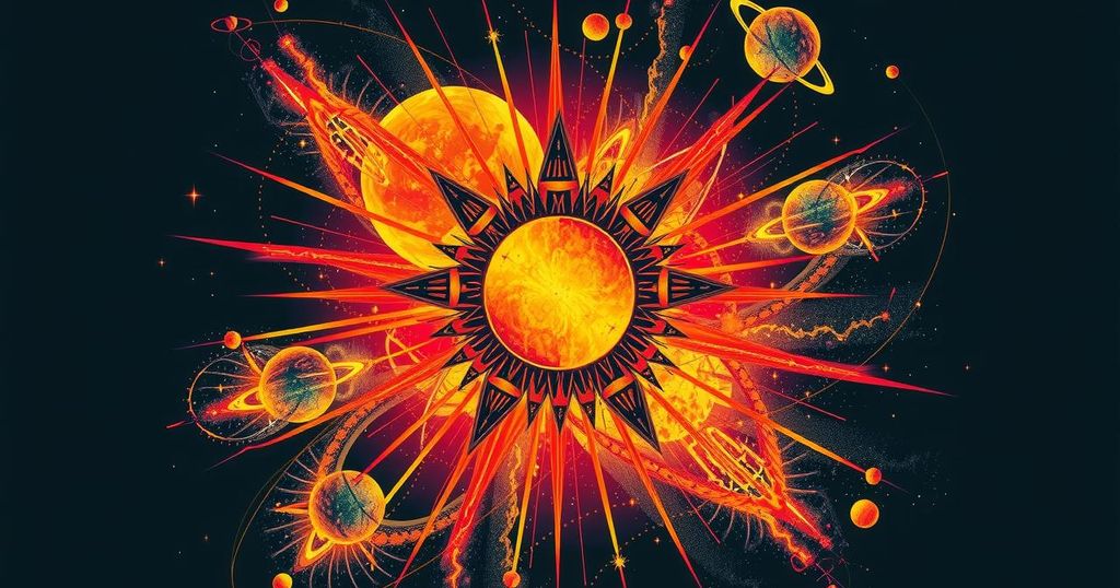 Solar and cosmic elements illustrate ambition and personal growth, with vibrant colours symbolising focus and warmth.