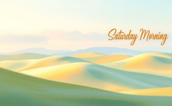 A serene view of a peaceful Saturday morning with calming nature elements and soft pastel colours.