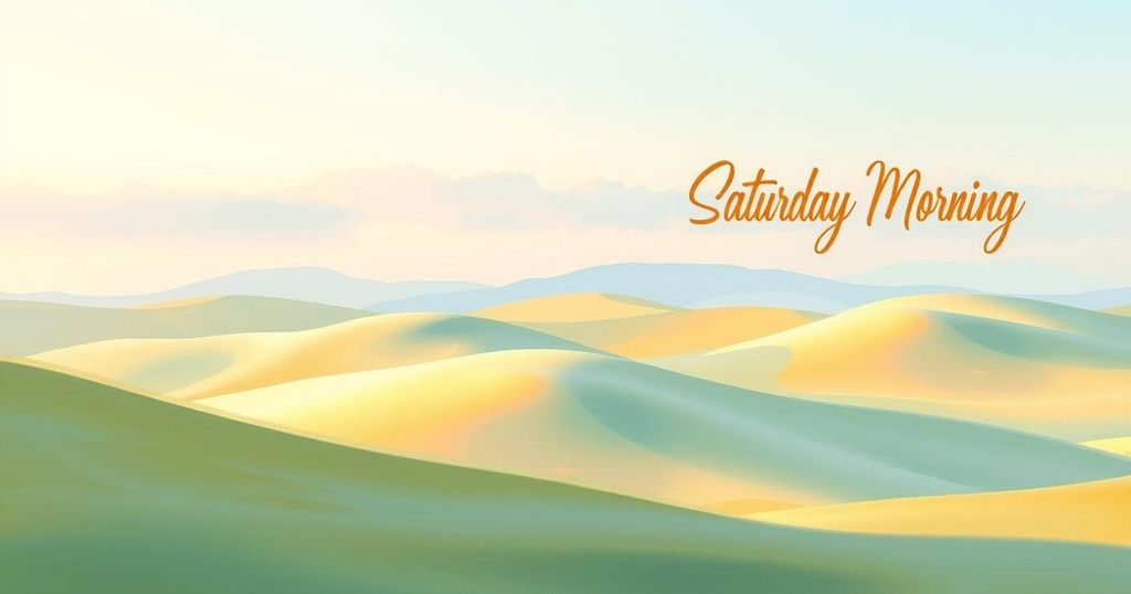 A serene view of a peaceful Saturday morning with calming nature elements and soft pastel colours.