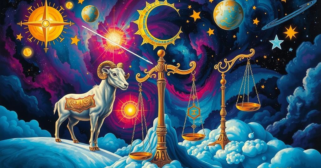 Artistic illustration of zodiac signs with celestial elements, vibrant colour palette, and cosmic theme.