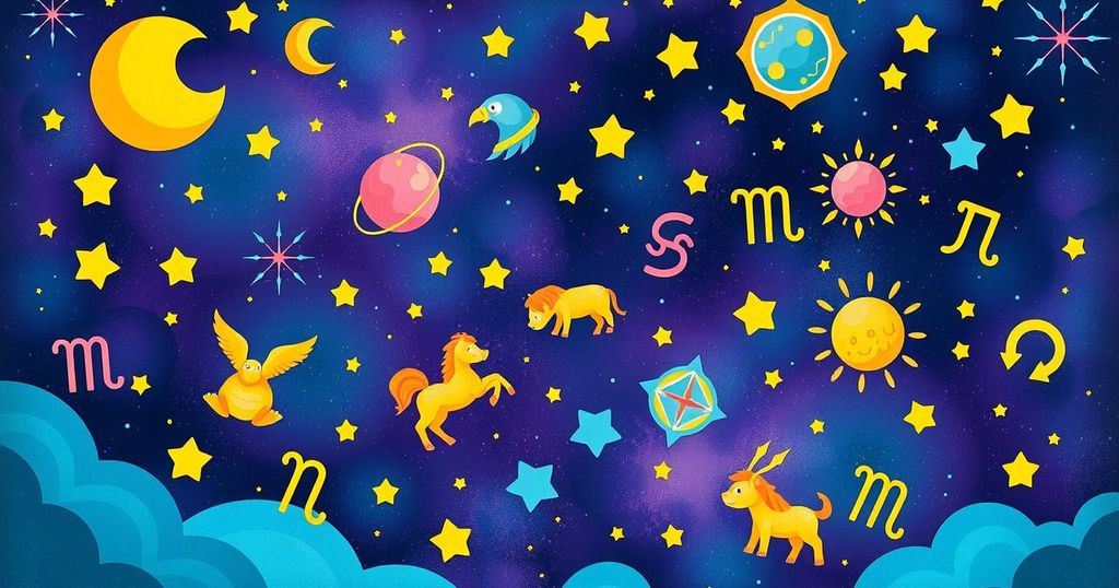 Astrological symbols with vibrant colours representing zodiac signs, set against a cosmic backdrop.