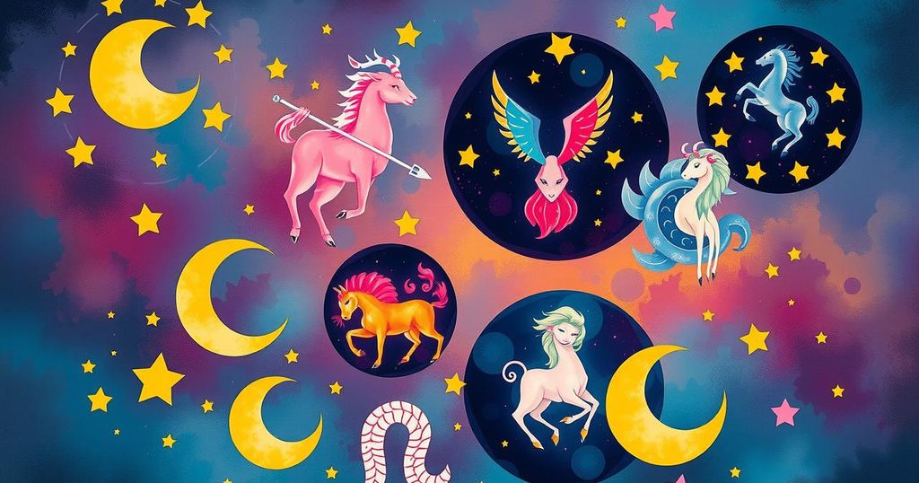 Abstract representation of zodiac signs with celestial elements, vibrant colours, harmonious and playful.