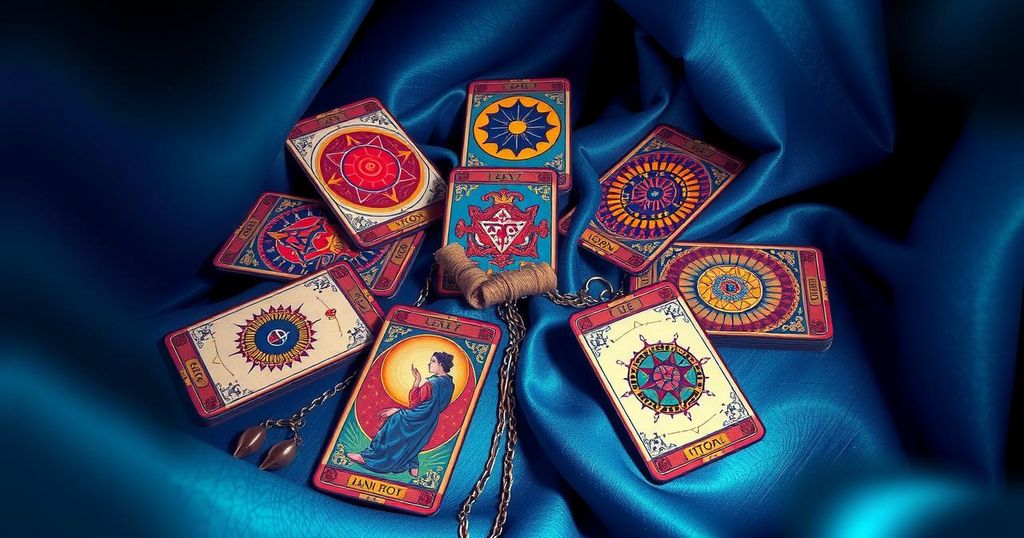 A vibrant tarot card layout featuring various cards, illuminating astrological symbols with a cosmic backdrop.