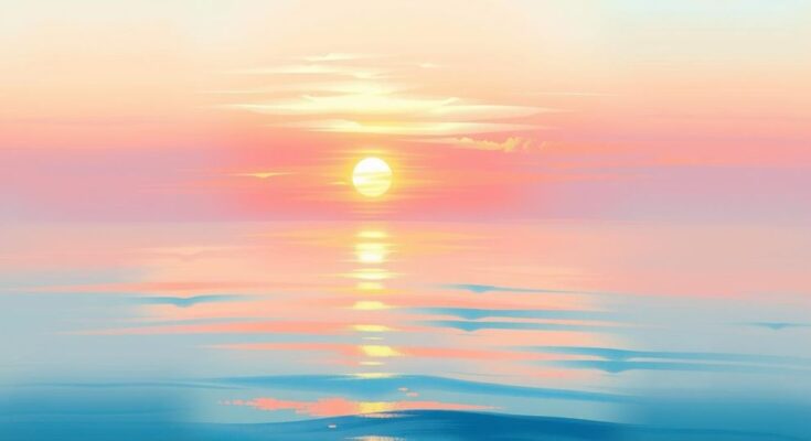 A serene sunrise over a calm ocean, depicted in soft pastels, conveying hope and enlightenment in a dreamy style.