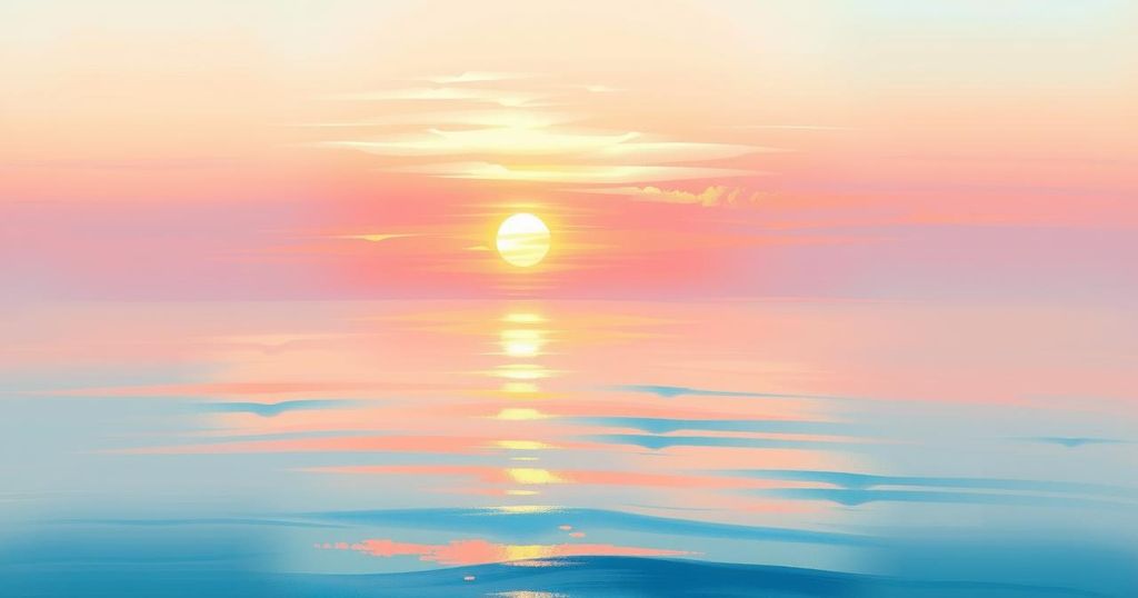 A serene sunrise over a calm ocean, depicted in soft pastels, conveying hope and enlightenment in a dreamy style.