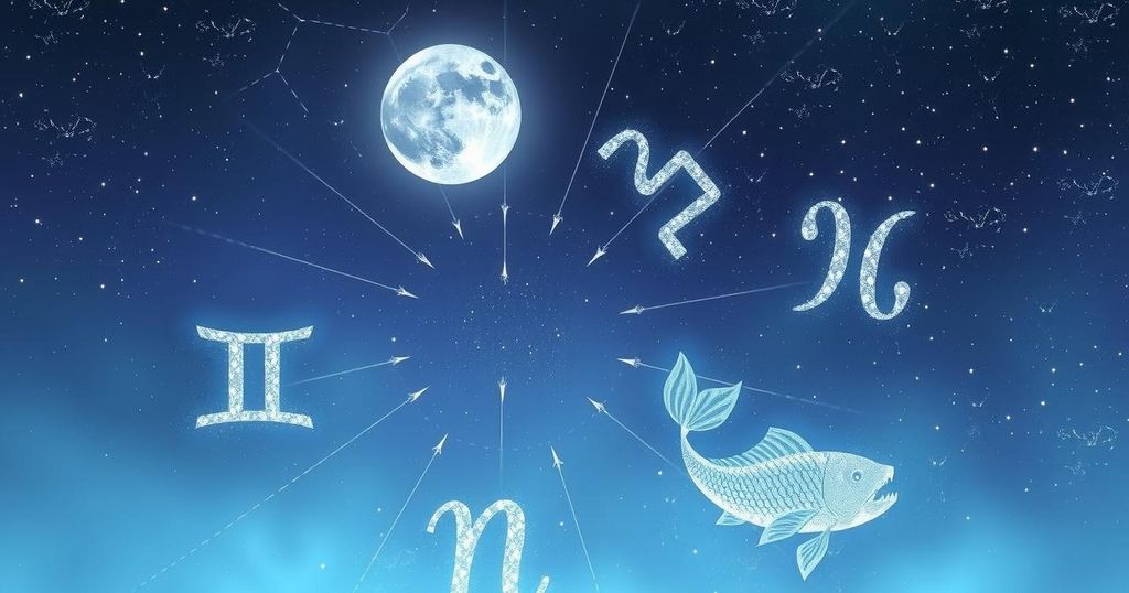 A serene zodiac-themed illustration with constellations and a moonlit sky, capturing the essence of astrology