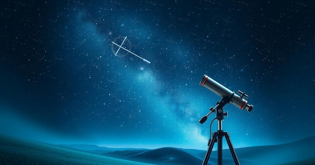 Stargazing through a telescope under a starry night sky with astrological symbols
