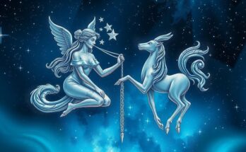 A celestial scene with Virgo and Gemini symbols under a starry sky, emphasising luck and opportunity.