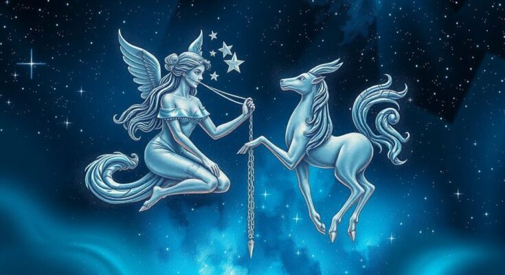A celestial scene with Virgo and Gemini symbols under a starry sky, emphasising luck and opportunity.