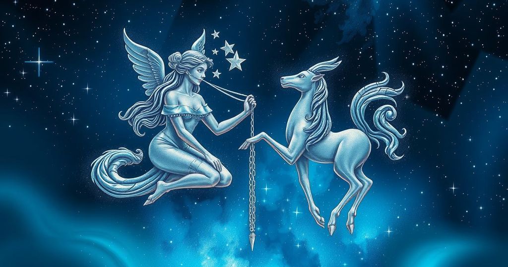 A celestial scene with Virgo and Gemini symbols under a starry sky, emphasising luck and opportunity.