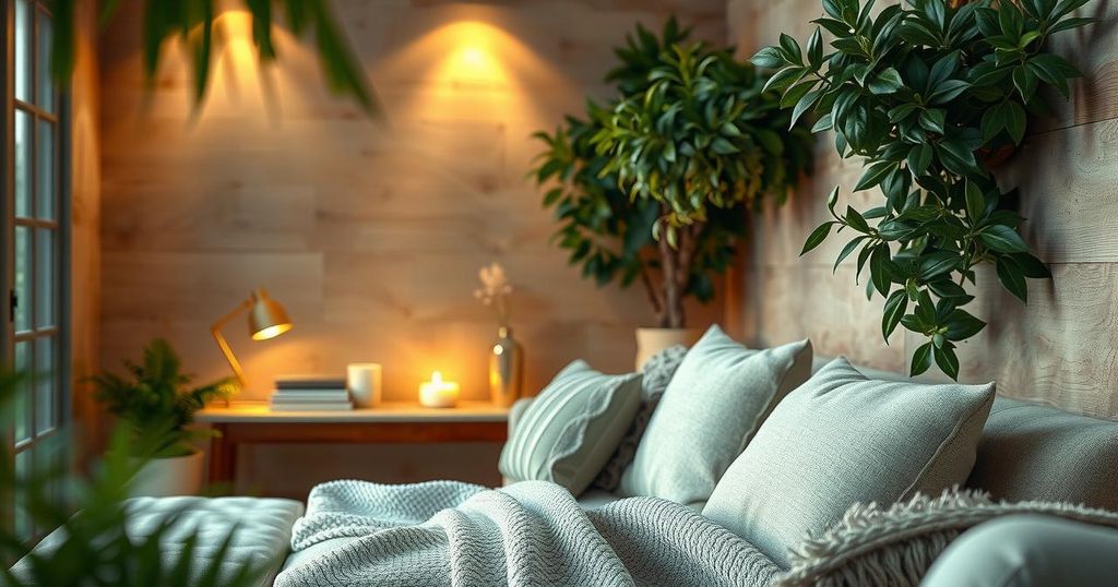 A serene home setting with soft lighting, plants, and a cozy blanket inviting warmth and comfort on a tranquil day.