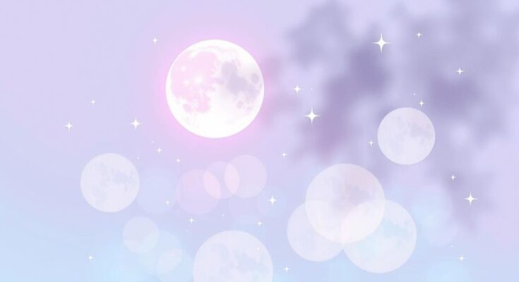 A serene cosmic scene featuring a waning gibbous moon surrounded by stars and zodiac signs in soft pastels.