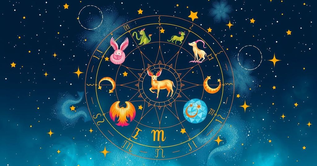 A vibrant astrological chart illustrated with zodiac signs, stars, and celestial bodies in bright colours.