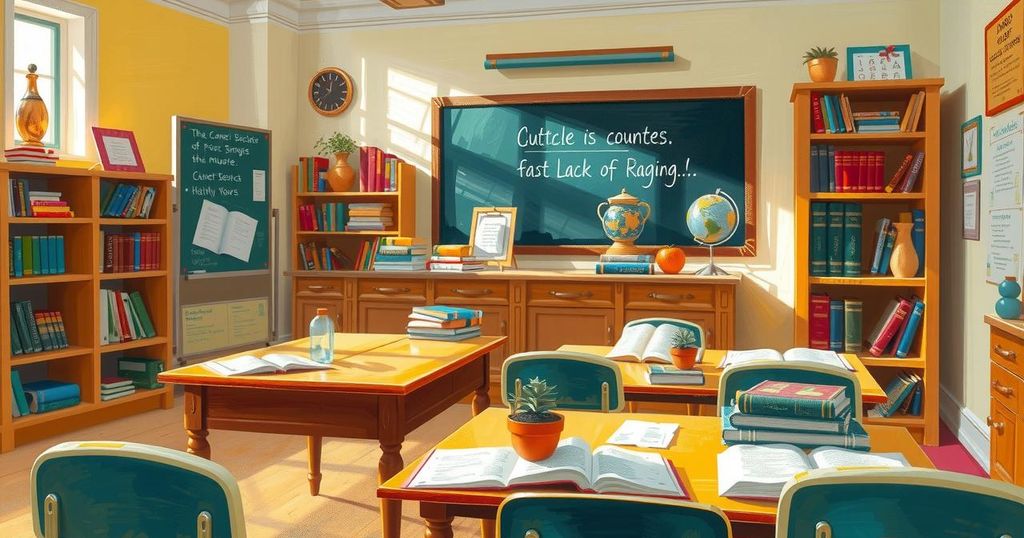 A serene classroom setting with colourful books, a chalkboard, and learning materials, capturing the essence of growth and wisdom.