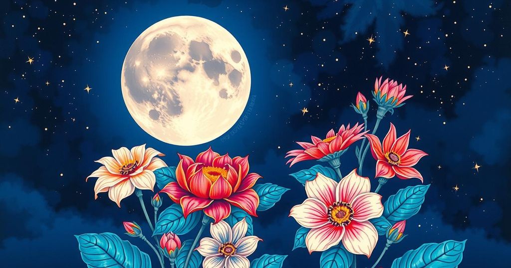 A vibrant depiction of a full moon with intricate floral patterns in dark hues, set against a starry night.