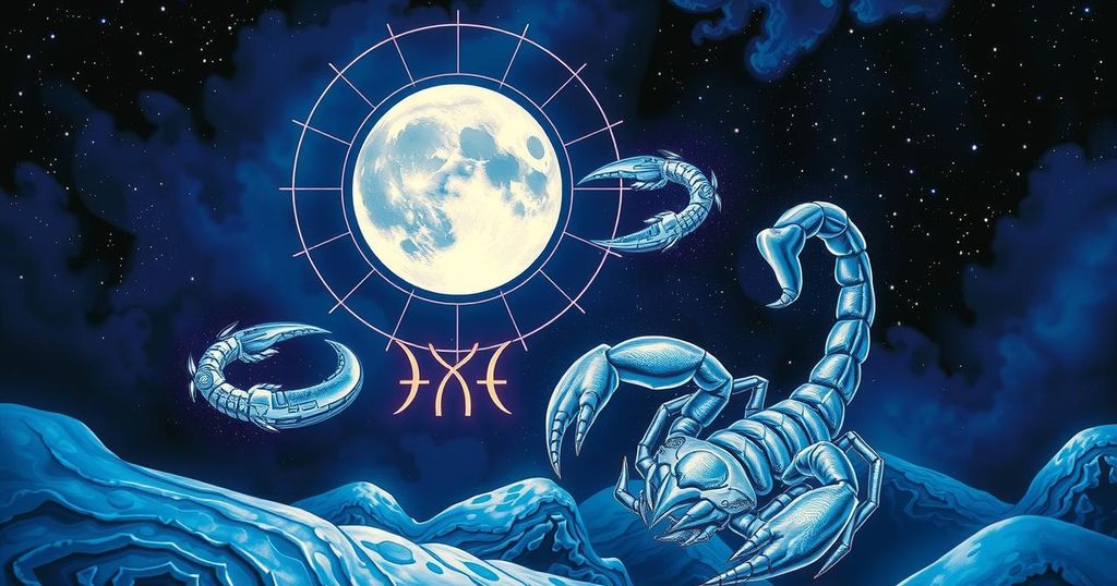A celestial scene depicting the moon in Scorpio with zodiac symbols, stars, and abstract figures representing astrological insights.