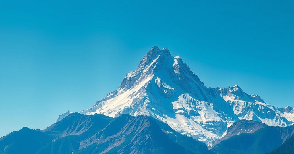 A serene landscape of a mountain peak under a clear blue sky symbolizing focus and goals.