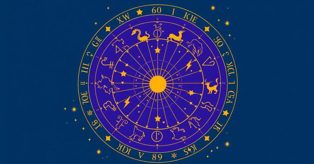Astrological symbols in zodiac wheel style, featuring vibrant colours and cosmic elements representing different signs.
