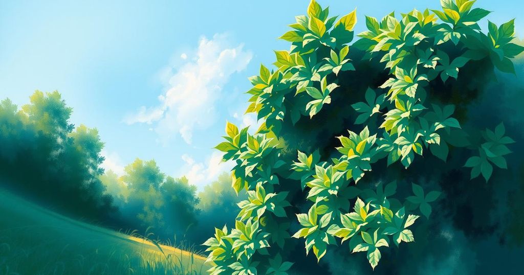 A serene scene with dark green foliage and a clear blue sky, symbolising positivity and harmony in daily life.