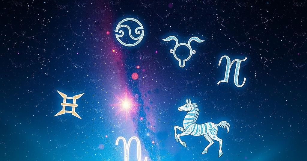 A starry night sky with zodiac symbols, reflecting love and harmony in vibrant cosmic colours.