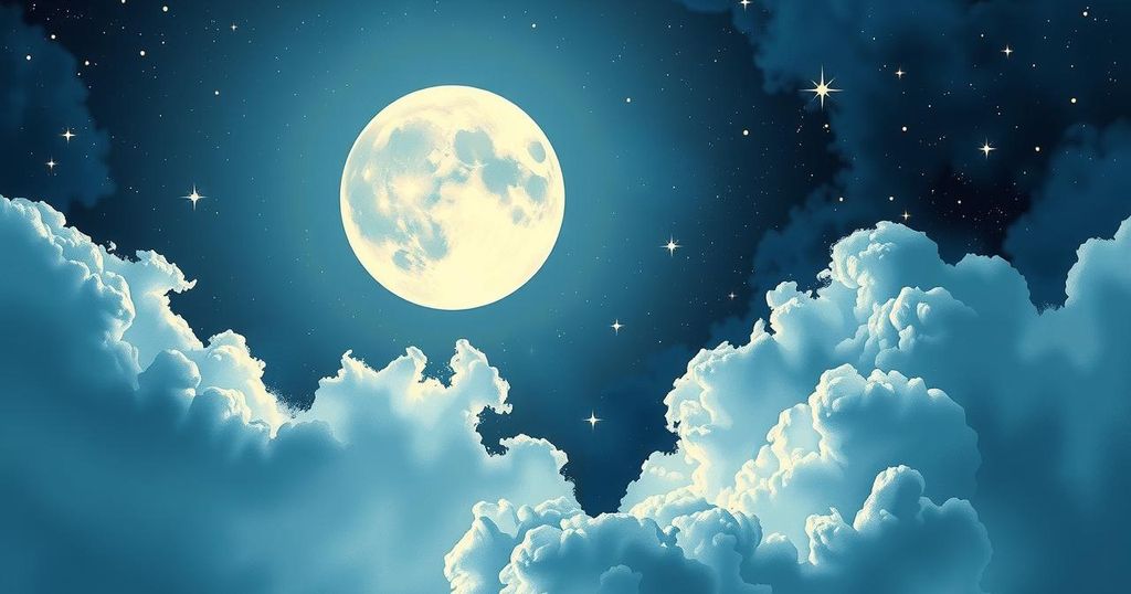 Artistic representation of cosmic events with a full moon, stars, and celestial elements in soothing colours.