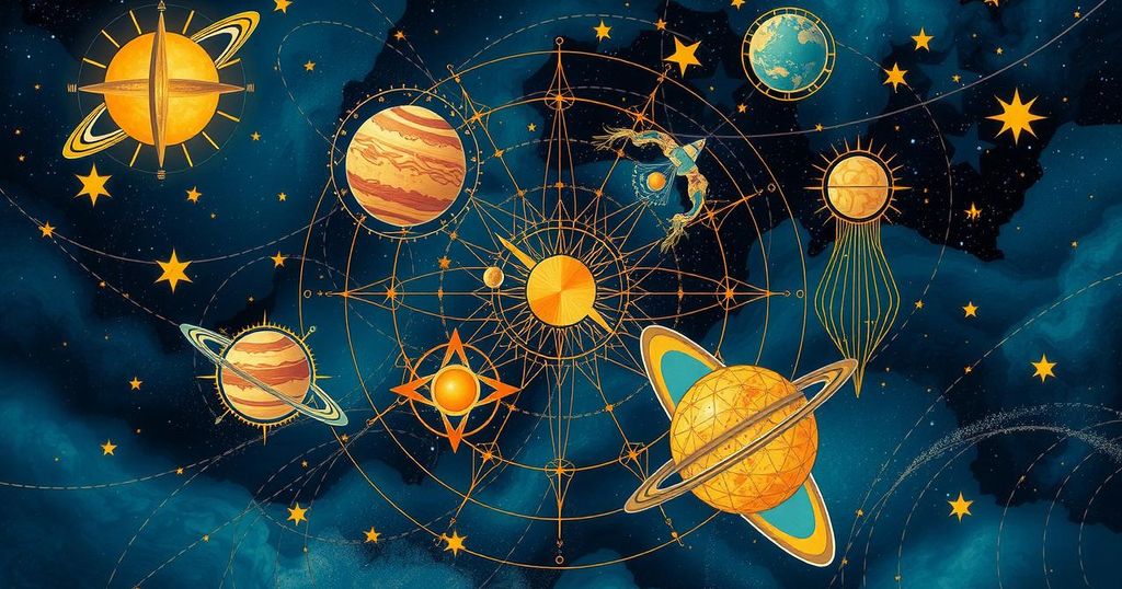 A vibrant cosmic scene depicting astrological symbols, planets, and starry background in deep blue and golden hues.