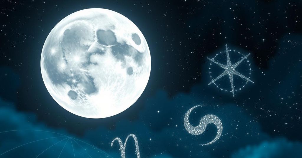 Celestial scene with a full moon in Libra, astrology symbols, and cosmic energy, emphasising harmony and balance.