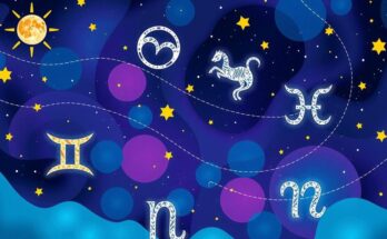 Celestial design featuring zodiac symbols with a night sky and vibrant colours symbolising cosmic harmony.