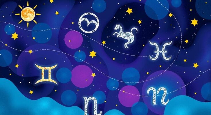 Celestial design featuring zodiac symbols with a night sky and vibrant colours symbolising cosmic harmony.