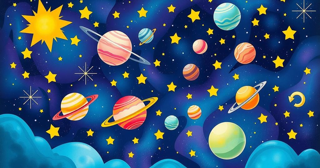 A vibrant cosmic scene illustrating the zodiac signs, with stars, planets, and celestial symbols in a playful style.