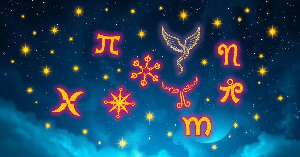 Astrological symbols surrounded by twinkling stars under a deep night sky, representing positive horoscopes for zodiac signs.