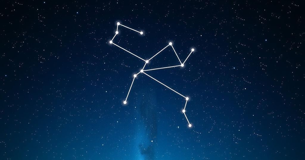 A celestial scene depicting the Virgo constellation with a starry night background, emphasising astrological symbolism.