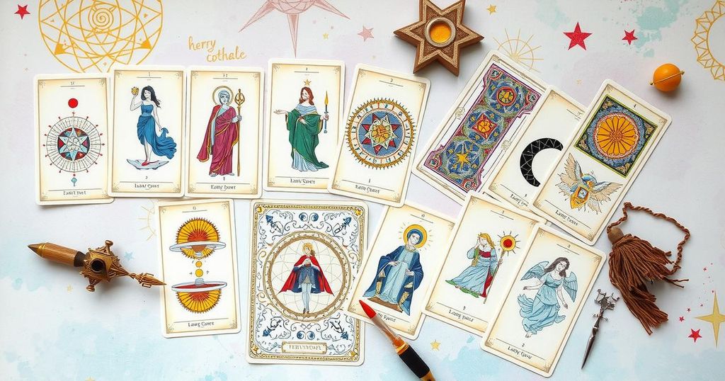 A tarot deck with intricate illustrations, surrounded by cosmic symbols and soft pastel colours, reflecting intuition and guidance.