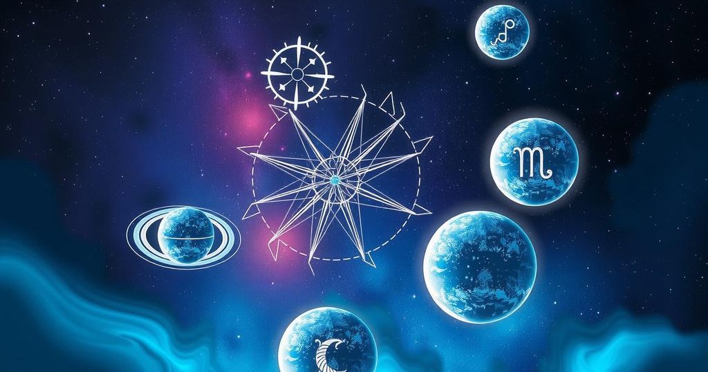Astrological symbols in a cosmic backdrop with a colour palette of deep blues and purples, showcasing celestial transition.