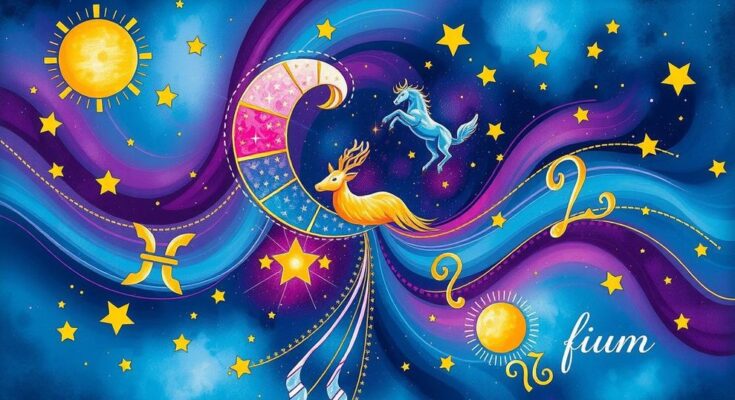 Colourful celestial symbols representing zodiac signs and positive energy for a bright future.
