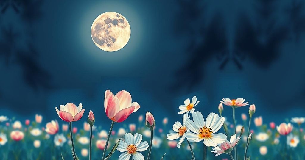 A serene night sky with a glowing full moon illuminating blooming flowers