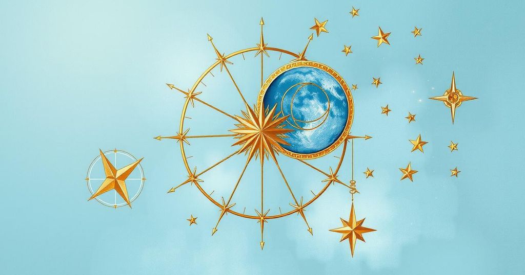 Astrological symbols and celestial illustrations in pastel blue and gold tones, representing guidance and potential.