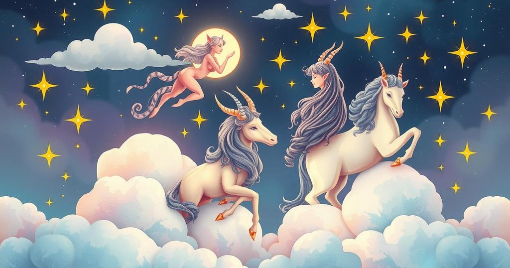A whimsical illustration depicting zodiac signs with clouds and stars in gentle pastel colours, symbolizing astrology themes.