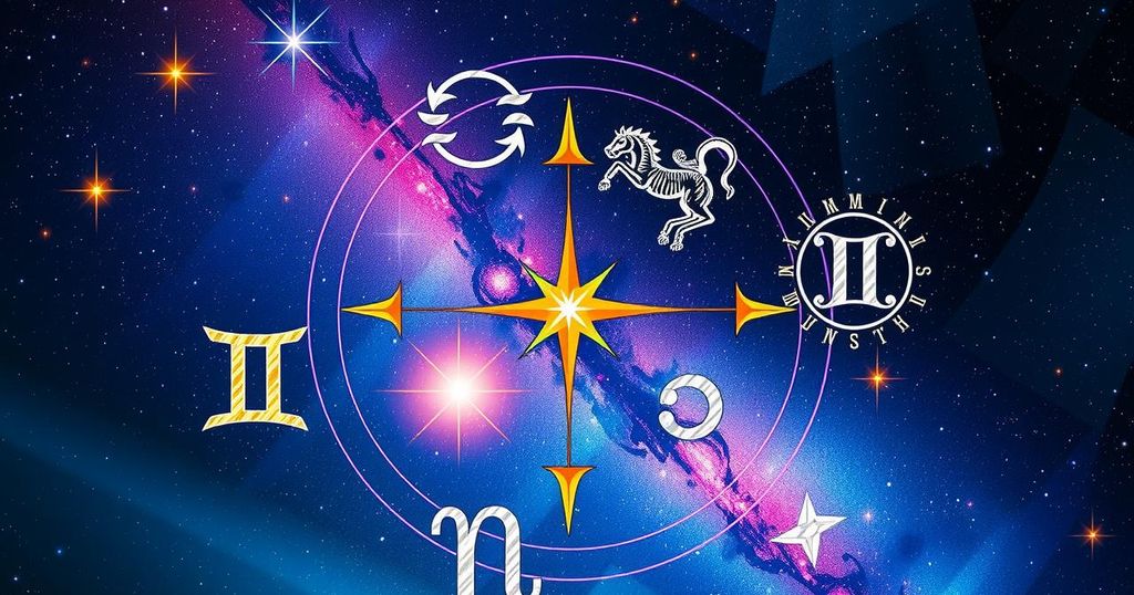 Astrological symbols representing zodiac signs against a cosmic backdrop, featuring vibrant colours and celestial elements.