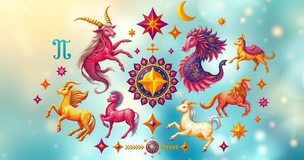 A whimsical illustration depicting astrological symbols and vibrant zodiac signs for daily guidance.