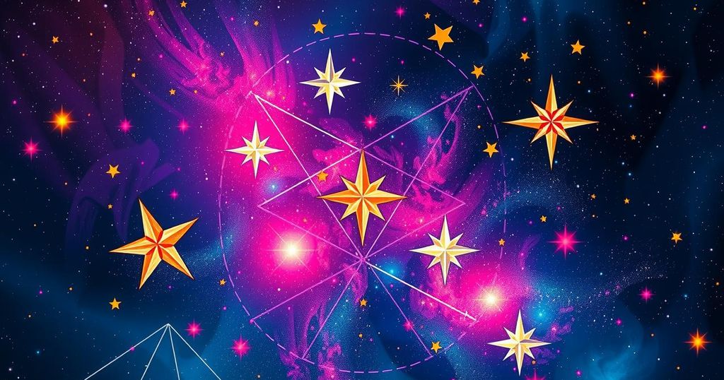 Astrological symbols against a cosmic background with vibrant stars, showcasing daily horoscope predictions.