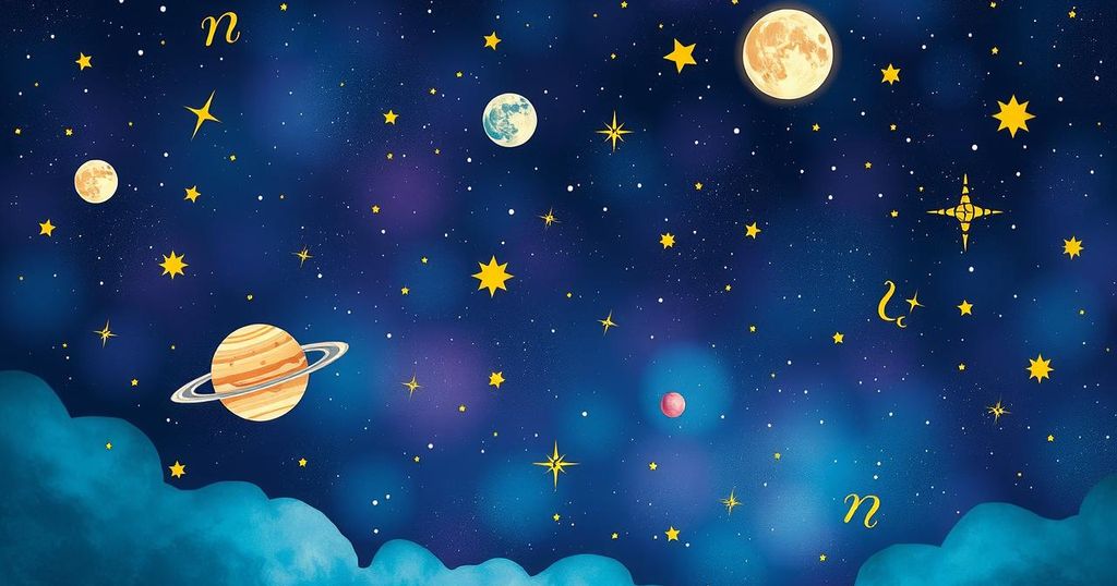 A cosmic scene with vibrant colours representing astrological themes and celestial events for weekly horoscopes.