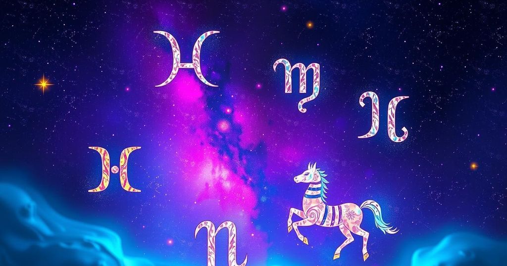 A celestial scene with zodiac symbols against a starry night sky, showcasing astrological elements in a mystical design.
