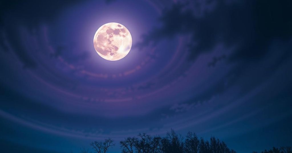 A mystical full moon illuminating a night sky, with shadowy figures representing transformation and rebirth in deep blues and purples.