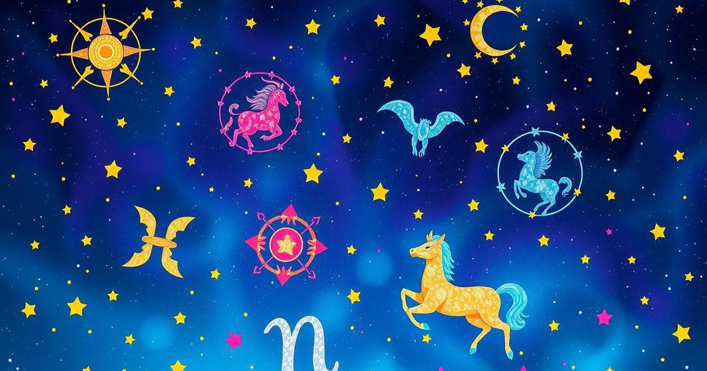 Colourful zodiac symbols against a starry sky, representing astrological insights and cosmic influences.