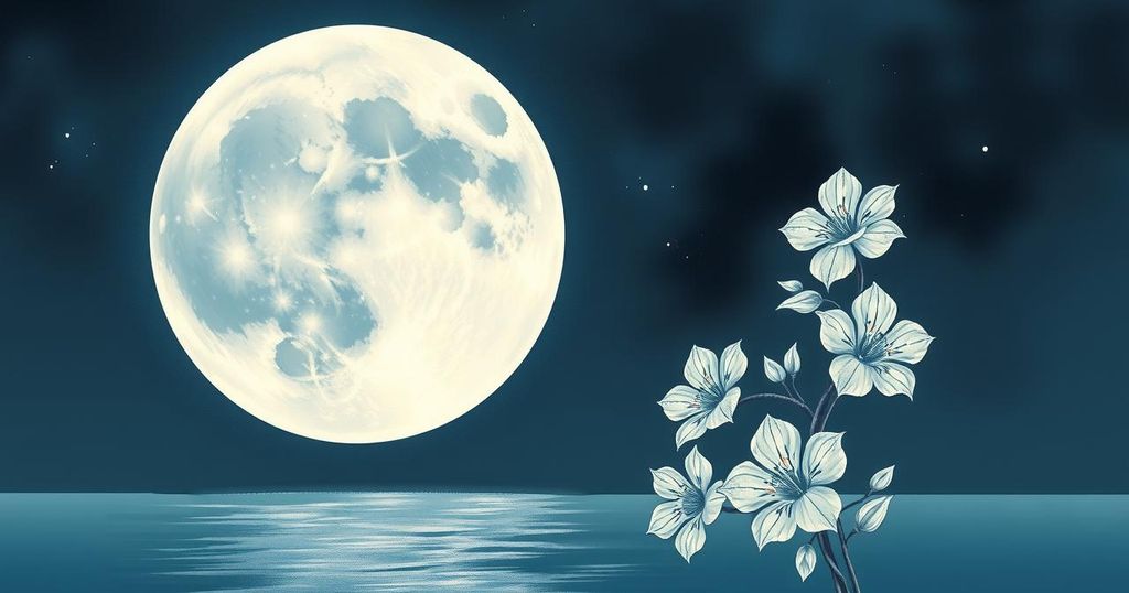 A serene night sky featuring a full moon with flower motifs, reflecting transformation and renewal energy.