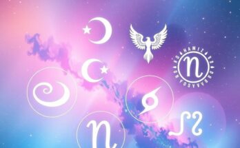 Astrological symbols representing different zodiac signs with vibrant cosmic background and soft pastel colours.