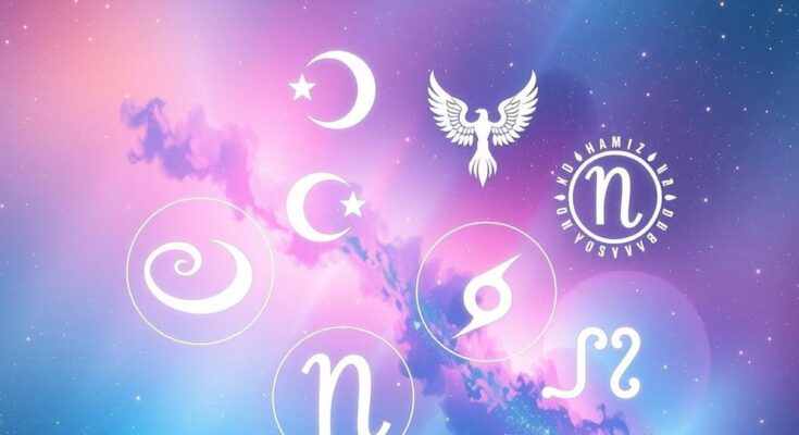 Astrological symbols representing different zodiac signs with vibrant cosmic background and soft pastel colours.