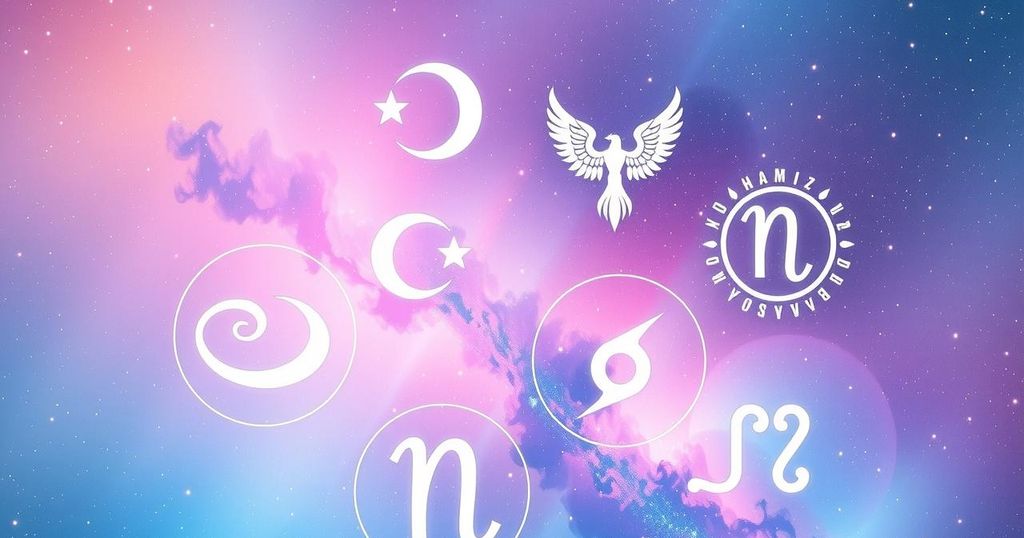 Astrological symbols representing different zodiac signs with vibrant cosmic background and soft pastel colours.