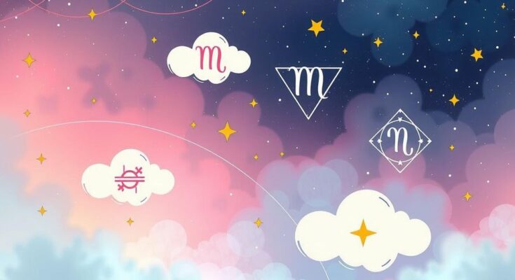 Astrological symbols and celestial elements in a soothing pastel colour scheme with a cosmic background.
